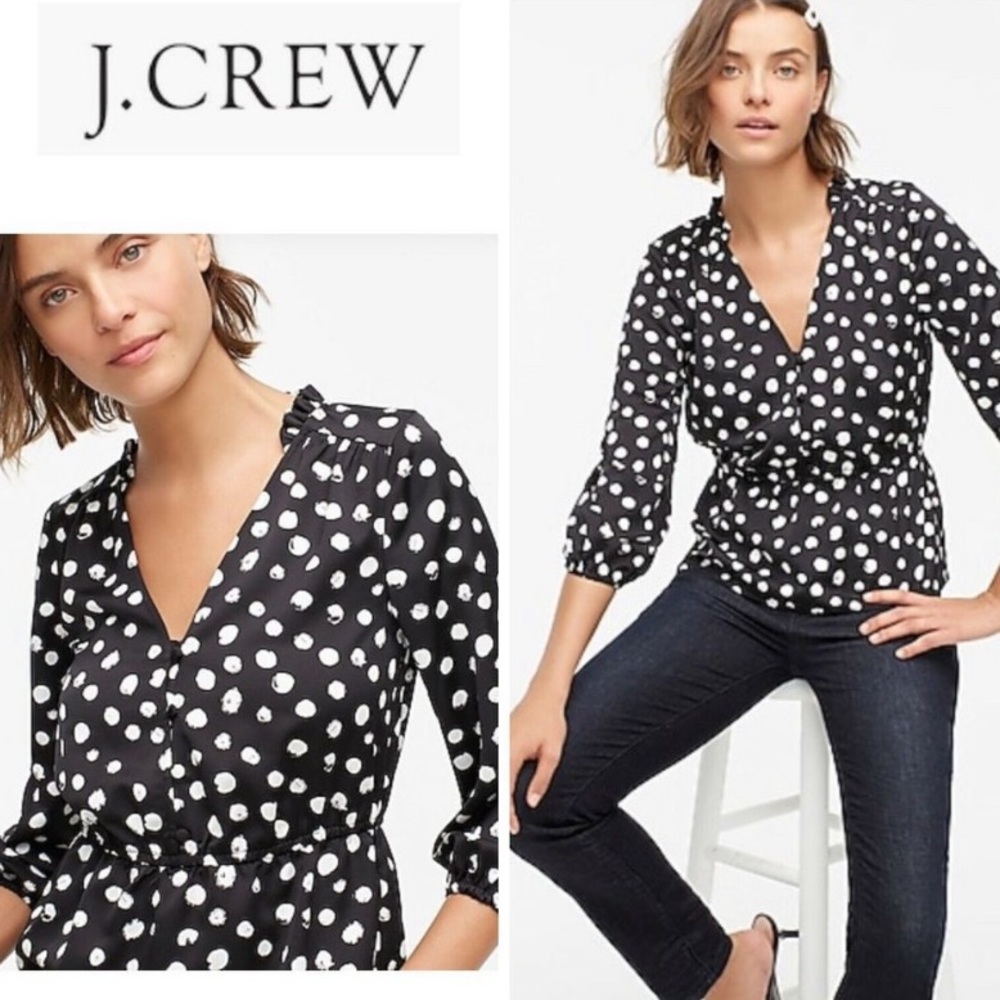 J Crew Polka Dot Ruffle Peplum Blouse Black White